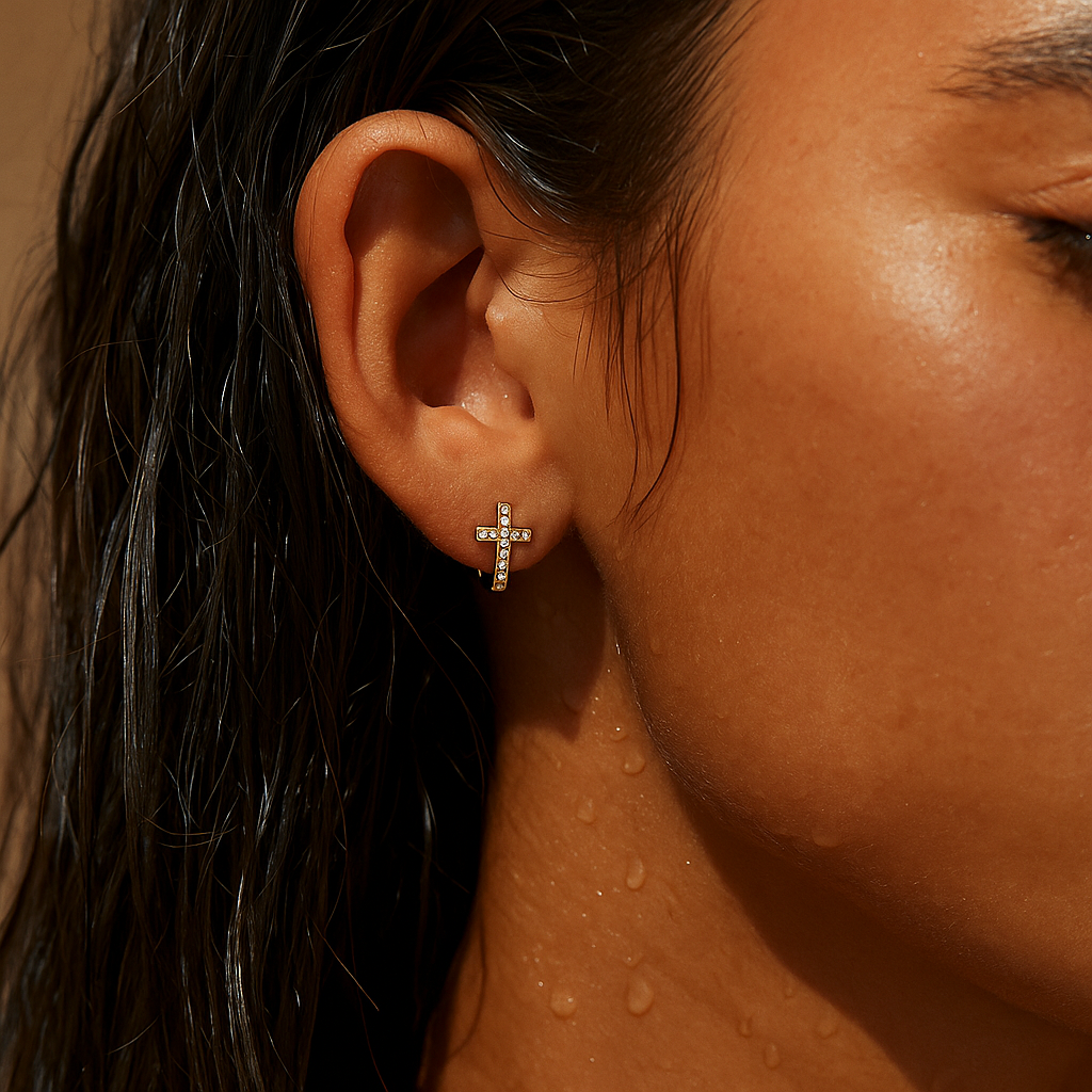 Ridge Cross Huggie Hoop Earring