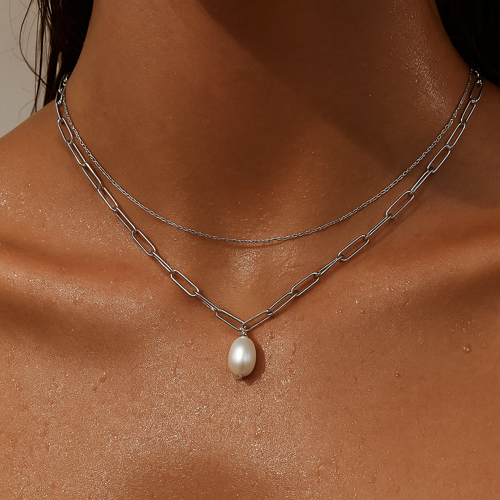 Renee Double Chain Pearl Choker Necklace