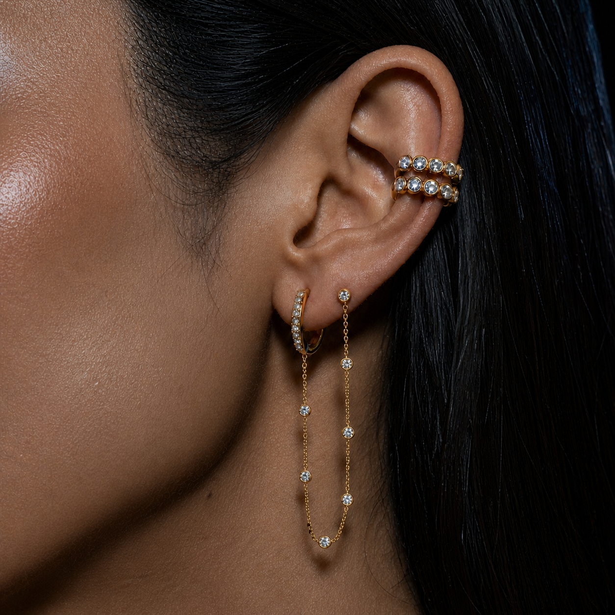 Tove Double Piercing Bezel Huggie Earring