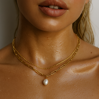 Renee Double Chain Pearl Choker Necklace